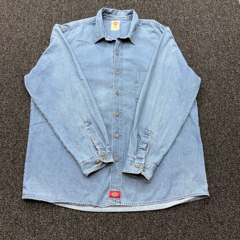 Dickies Denim Button Down Shirt Long Sleeve Mens 2XL Light Blue grunge work